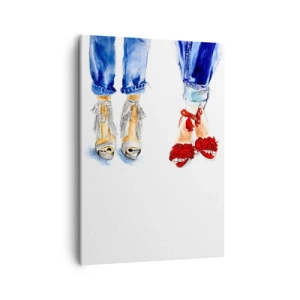 Impression sur toile - Image sur toile - Illustration de deux paires de chaussures dans des sandales élégantes et un jean - 50x70cm - Peut-être irons-nous nous promener? - Décoration murale moderne pour le salon et la chambre ARTTOR