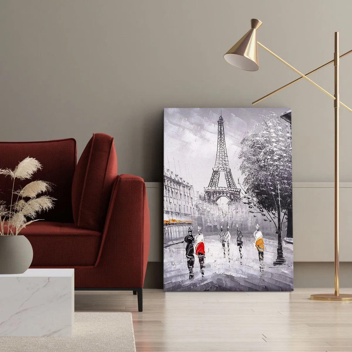Impression sur toile - Image sur toile - Une vue de la Tour Eiffel dans un décor monochrome avec des touches de couleur - 50x70cm - Balade parisienne - Décoration murale moderne pour le salon et la chambre ARTTOR