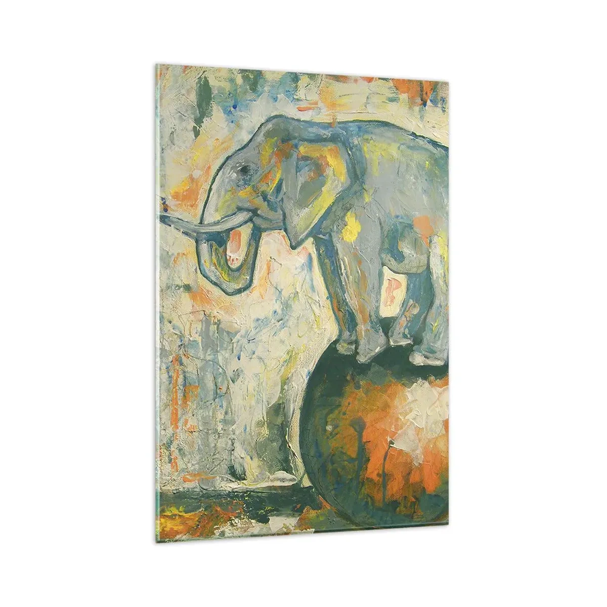 Impression sur verre - Image sur verre - Un éléphant en équilibre sur une balle dans un style artistique - 80x120cm - Que vive le cirque ! - Décoration murale moderne pour le salon et la chambre ARTTOR