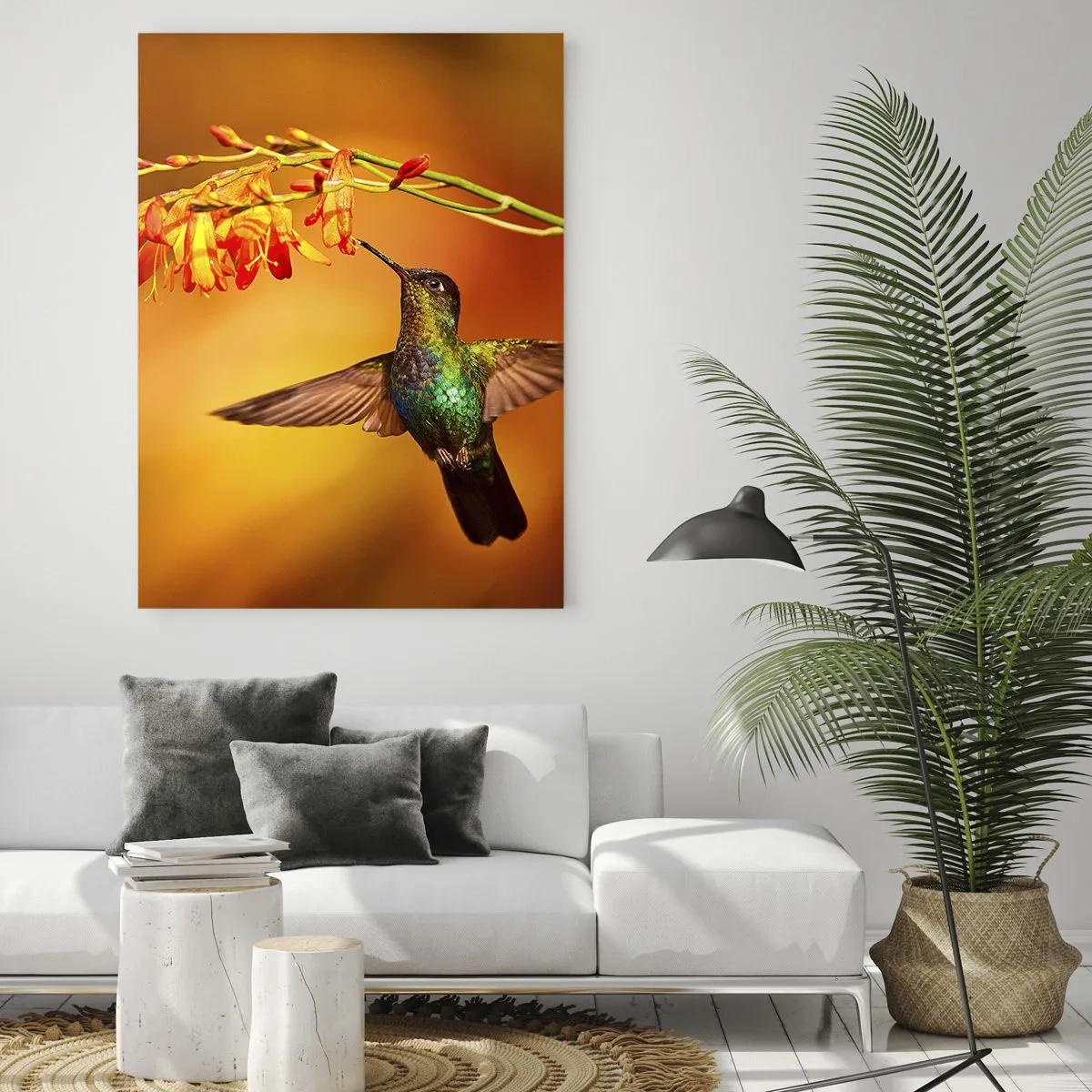Impression sur verre - Image sur verre - Colibri près des fleurs dans une lueur dorée - 50x70cm - Un messager de lumière selon les Mayas - Décoration murale moderne pour le salon et la chambre ARTTOR
