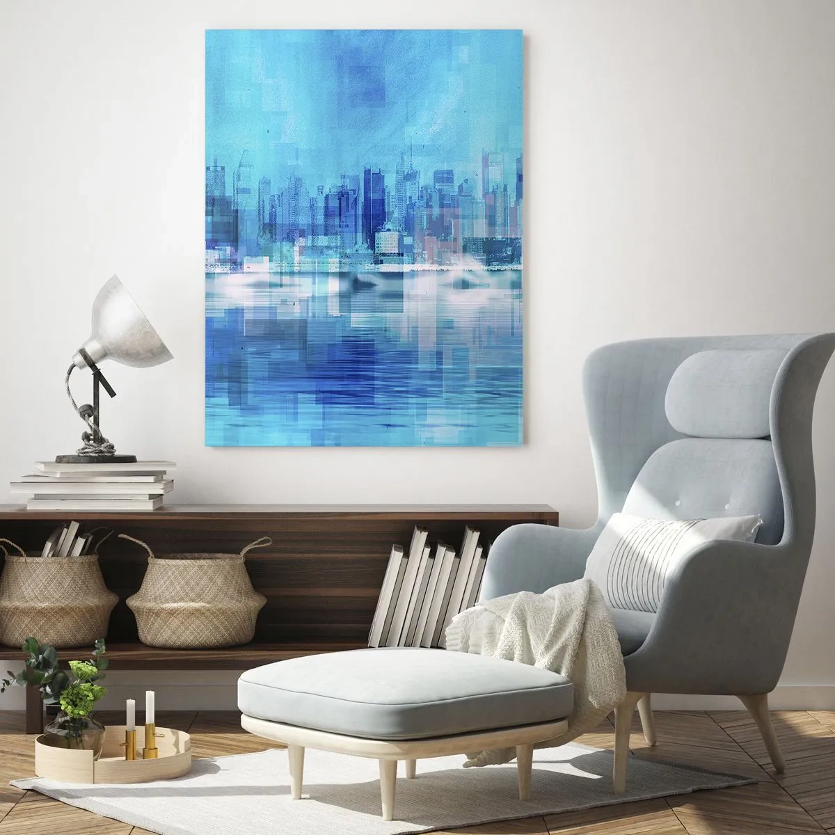 Impression sur verre - Image sur verre - Un panorama urbain moderne dans des tons bleus - 50x70cm - Noyé dans le bleu - Décoration murale moderne pour le salon et la chambre ARTTOR