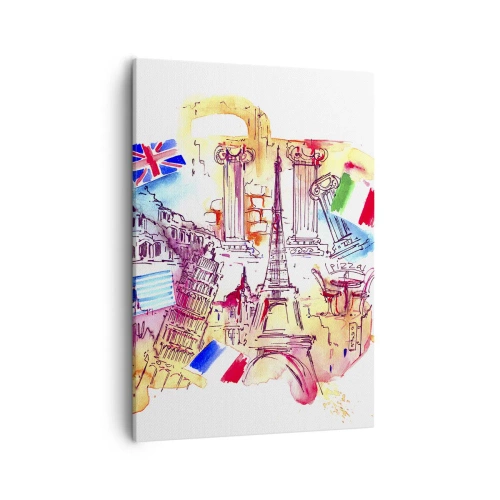 Impression sur toile - Image sur toile - Aquarelle de symboles européens avec drapeaux de pays - 50x70cm - Tournée européenne - Décoration murale moderne pour le salon et la chambre ARTTOR