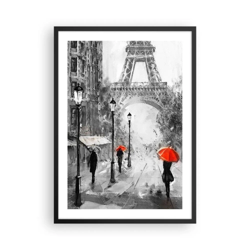 Affiche dans un cadre noir - Poster - Tour Eiffel noire et blanche avec des parapluies rouges sous la pluie - 50x70cm - Tous les chemins mènent à elle - Décoration murale moderne pour le salon et la chambre ARTTOR