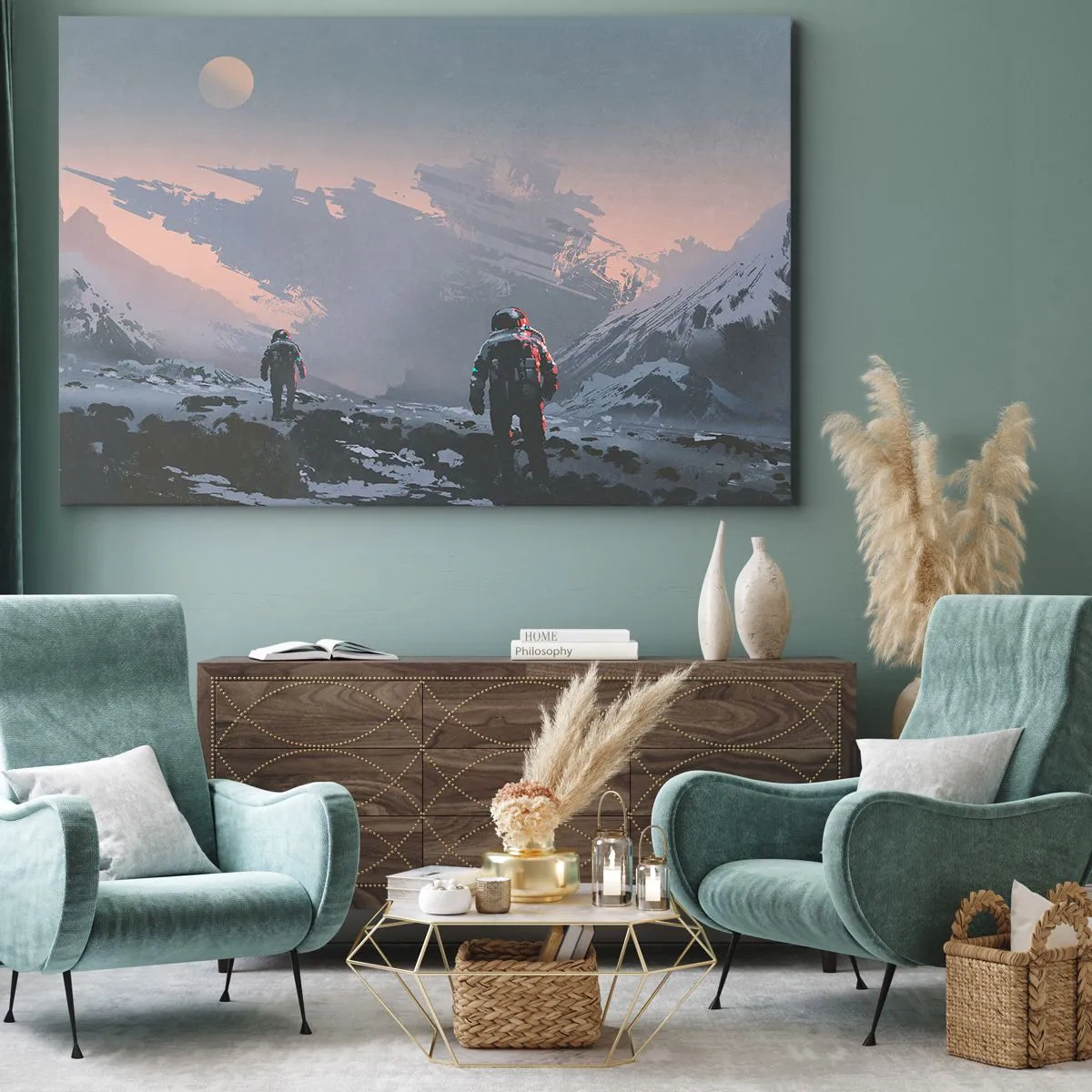 Impression sur toile - Image sur toile - Des astronautes sur une planète extraterrestre avec une épave de vaisseau spatial - 70x50cm - Sous une étoile inconnue - Décoration murale moderne pour le salon et la chambre ARTTOR