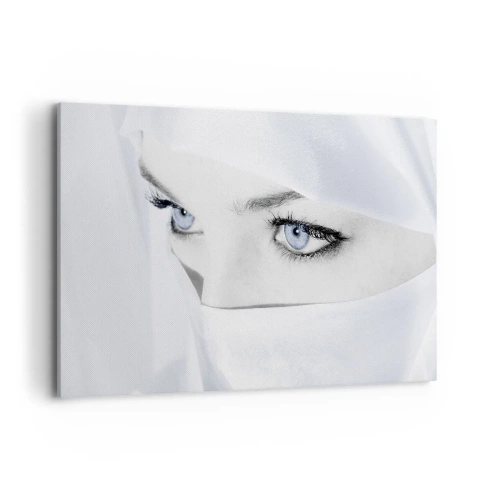 Impression sur toile - Image sur toile - Portrait d'une femme aux yeux bleus cachés derrière un voile blanc - 120x80cm - Directement des mille et une nuits - Décoration murale moderne pour le salon et la chambre ARTTOR
