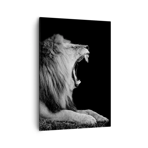 Impression sur toile - Image sur toile - Un lion rugissant sur fond noir dans des tons noir et blanc - 50x70cm - Sans aucun doute - Décoration murale moderne pour le salon et la chambre ARTTOR