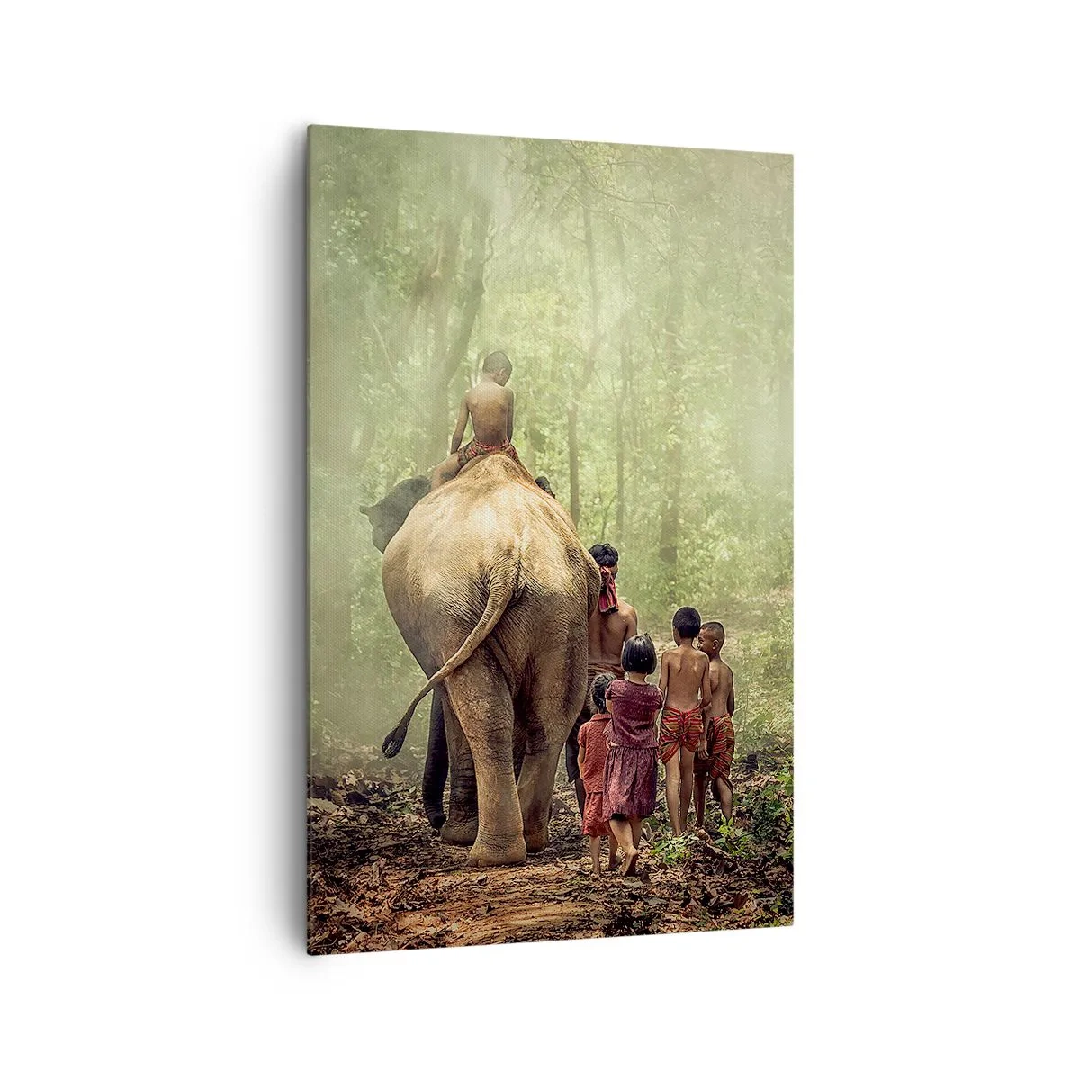 Impression sur toile - Image sur toile - Enfants avec un éléphant dans une forêt verte à la lumière du matin - 80x120cm - Nouveau livre de la jungle - Décoration murale moderne pour le salon et la chambre ARTTOR