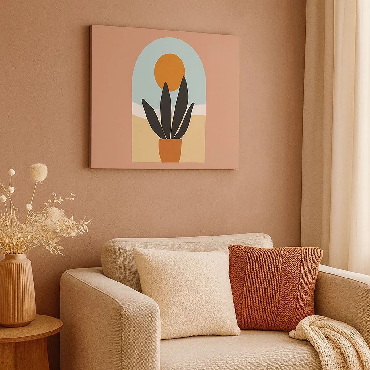 Impression sur toile - Image sur toile - Une plante noire dans un pot contre le soleil - 70x50cm - Petits bonheurs - Décoration murale moderne pour le salon et la chambre ARTTOR