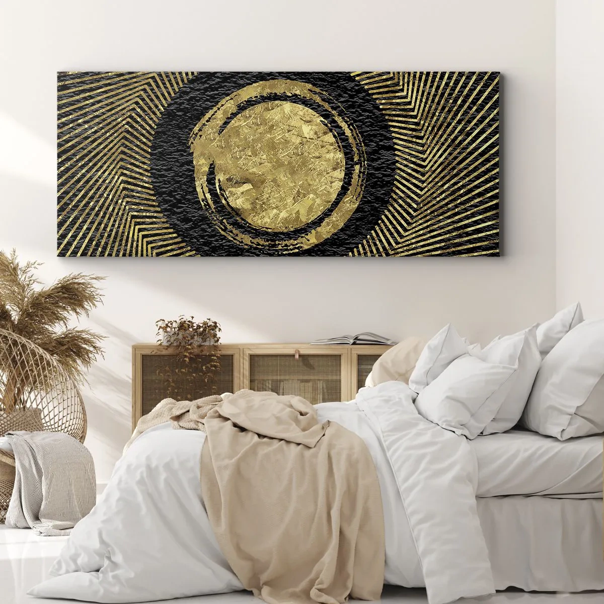 Impression sur toile - Image sur toile - Composition géométrique en noir et or avec des rayons - 140x50cm - Composition glamour - Décoration murale moderne pour le salon et la chambre ARTTOR