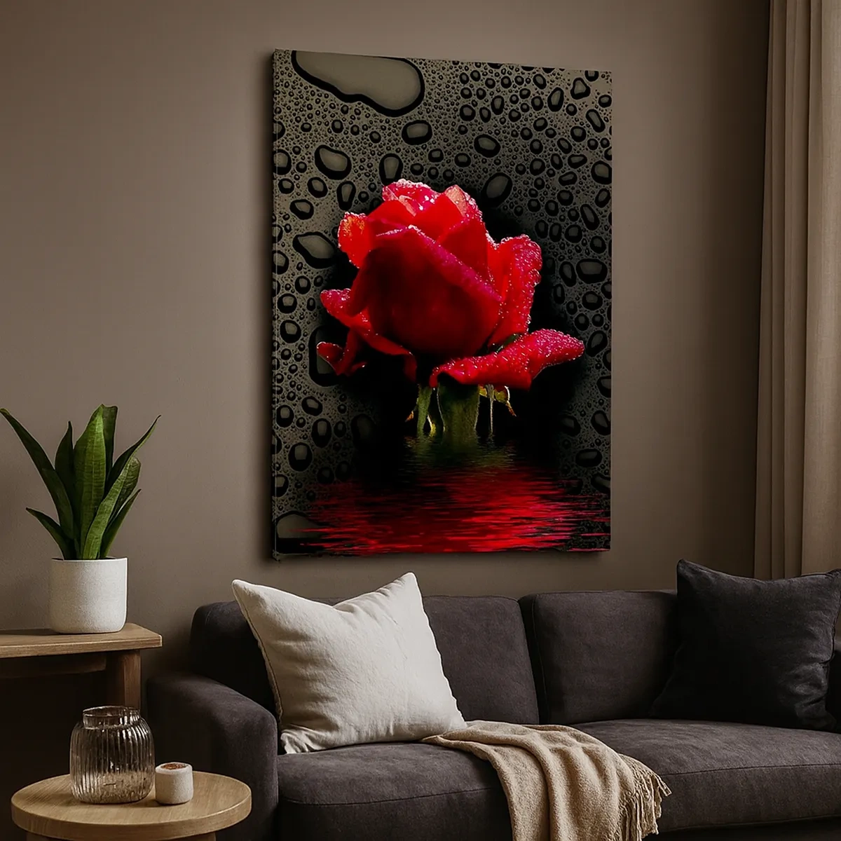 Impression sur toile - Image sur toile - Rose rouge avec des gouttes d'eau sur un fond sombre - 50x70cm - Rouge et noir - Décoration murale moderne pour le salon et la chambre ARTTOR