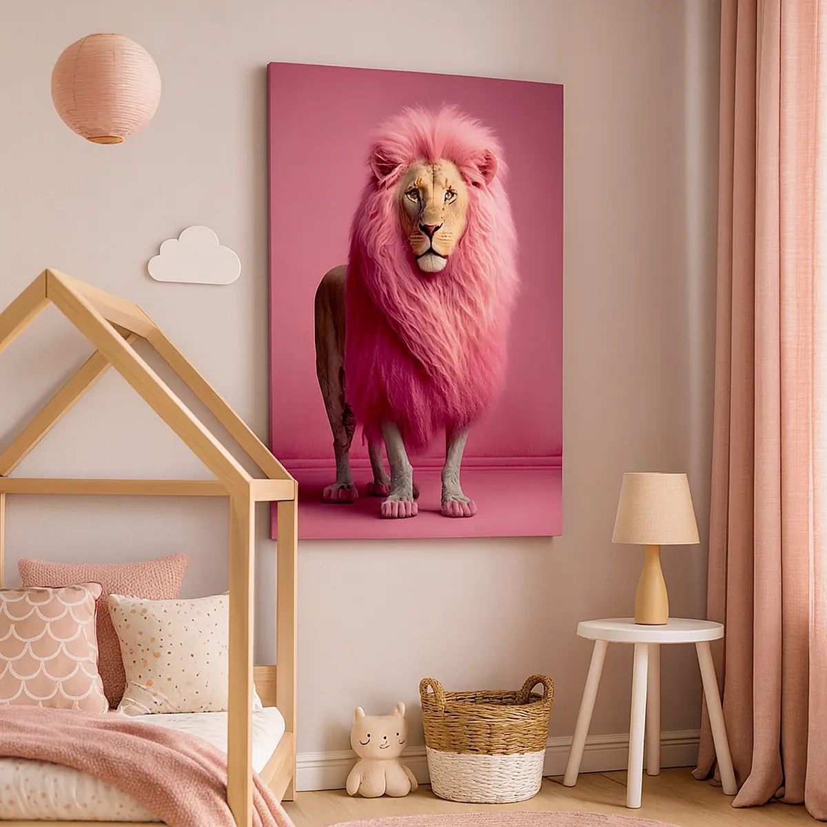 Impression sur toile - Image sur toile - Un lion rendu artistiquement avec une crinière rose sur un fond rose - 50x70cm - Et tu n'as plus peur - Décoration murale moderne pour le salon et la chambre ARTTOR