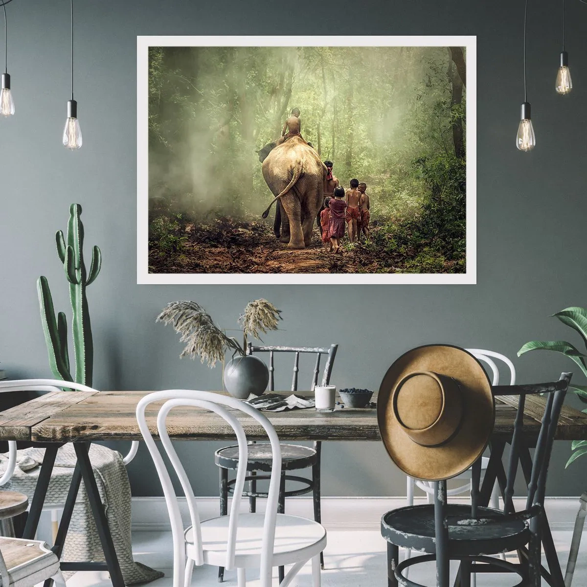 Affiche - Poster - Enfants avec un éléphant dans une forêt verte à la lumière du matin - 100x70cm - Nouveau livre de la jungle - Décoration murale moderne pour le salon et la chambre ARTTOR