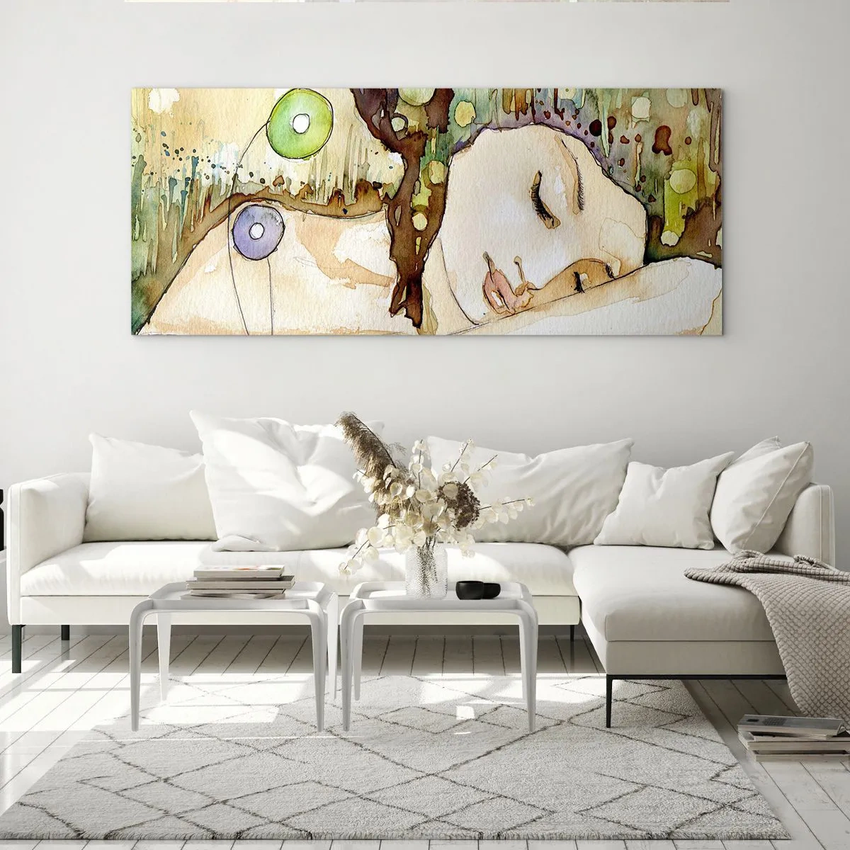 Impression sur verre - Image sur verre - Une femme rêvant entourée de formes et de couleurs abstraites. - 120x50cm - Un rêve violet émeraude - Décoration murale moderne pour le salon et la chambre ARTTOR