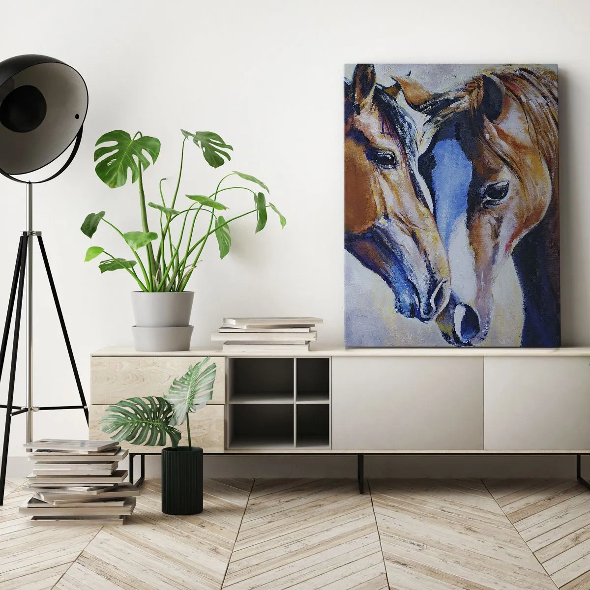 Impression sur toile - Image sur toile - Une représentation picturale de deux chevaux dans un cadre convivial. - 50x70cm - Est-ce de l'amitié ? Ou de l'amour ? - Décoration murale moderne pour le salon et la chambre ARTTOR