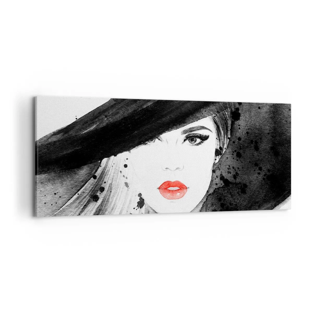 Impression sur toile - Image sur toile - Portrait d'une femme au chapeau et aux lèvres rouges - 120x50cm - Dame en noir - Décoration murale moderne pour le salon et la chambre ARTTOR
