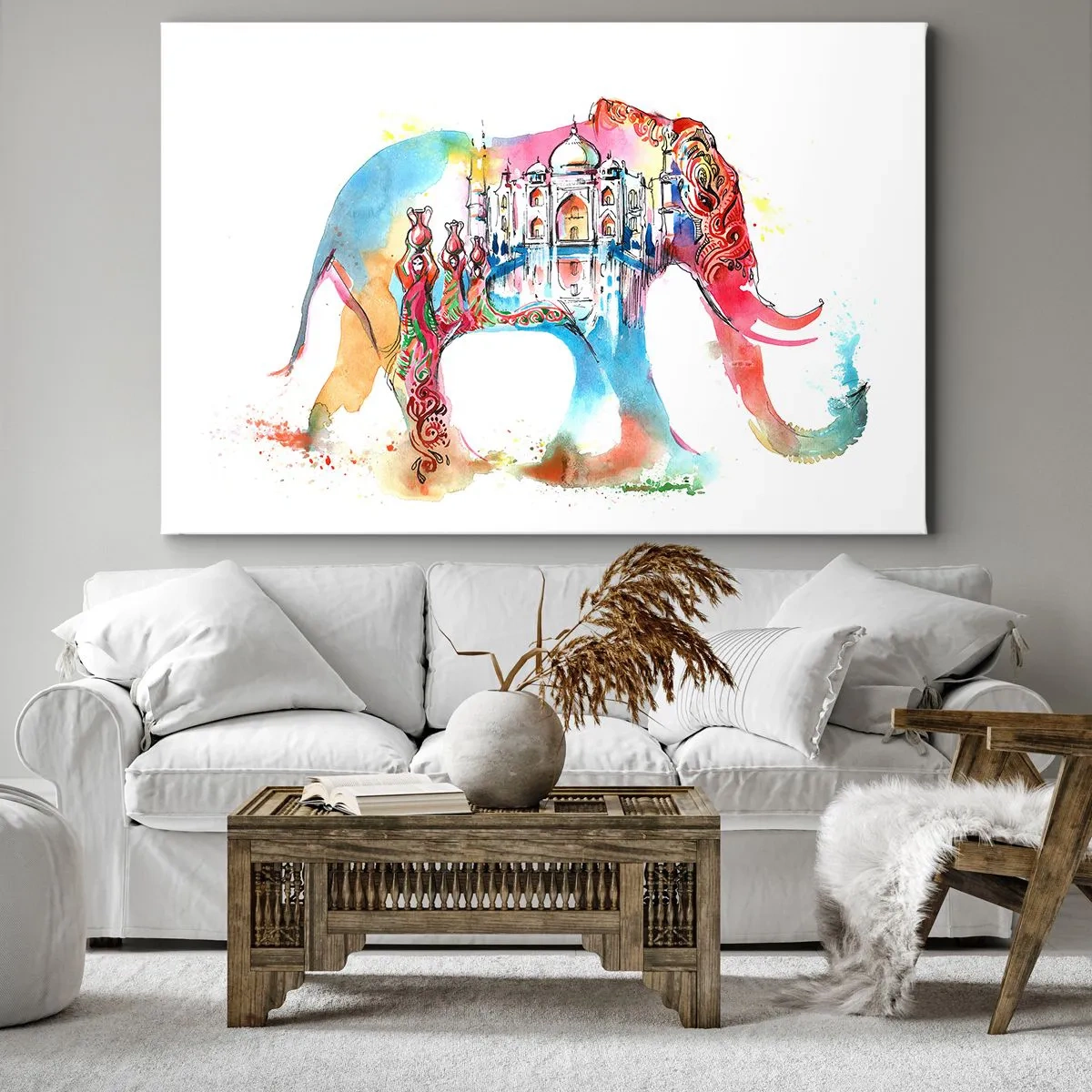 Impression sur toile - Image sur toile - Aquarelle colorée d'un éléphant avec un motif du Taj Mahal - 70x50cm - Inde - l'aura de l'amour - Décoration murale moderne pour le salon et la chambre ARTTOR