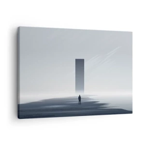 Impression sur toile - Image sur toile - Un paysage minimaliste avec une silhouette à côté d'un monolithe rectangulaire - 70x50cm - Opportunité ou menace ? - Décoration murale moderne pour le salon et la chambre ARTTOR