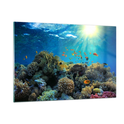 Impression sur verre - Image sur verre - Un récif corallien coloré illuminé par les rayons du soleil - 120x80cm - Trésor sous-marin - Décoration murale moderne pour le salon et la chambre ARTTOR