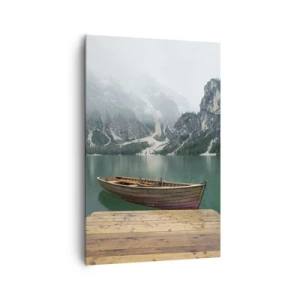 Impression sur toile - Image sur toile - Un bateau en bois sur un quai sur un lac entouré de montagnes - 80x120cm - Faire face à la fierté des rochers - Décoration murale moderne pour le salon et la chambre ARTTOR