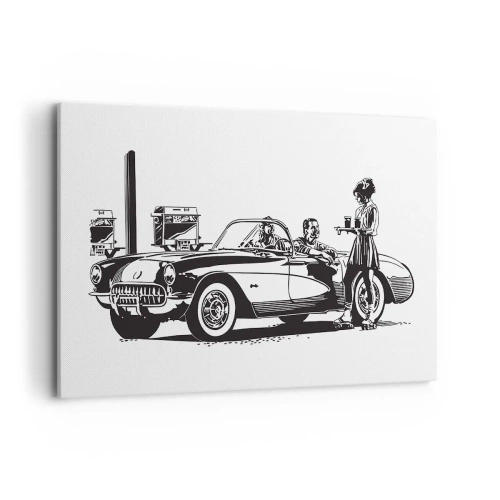 Impression sur toile - Image sur toile - Une scène rétro en noir et blanc avec une voiture et une serveuse en patins à roulettes. - 120x80cm - 60's - Amérique insouciante - Décoration murale moderne pour le salon et la chambre ARTTOR