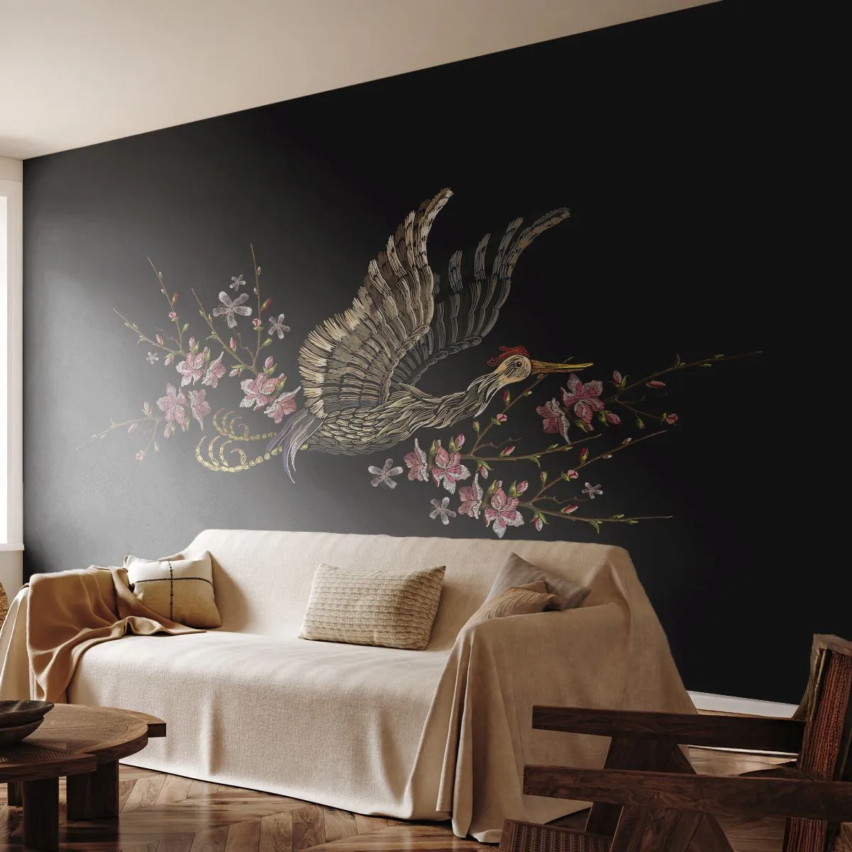 Papier Peint Photo Premium Canvas - Oiseau brodé exotique - Oiseau, Graphique, Fleurs - 400x280 cm