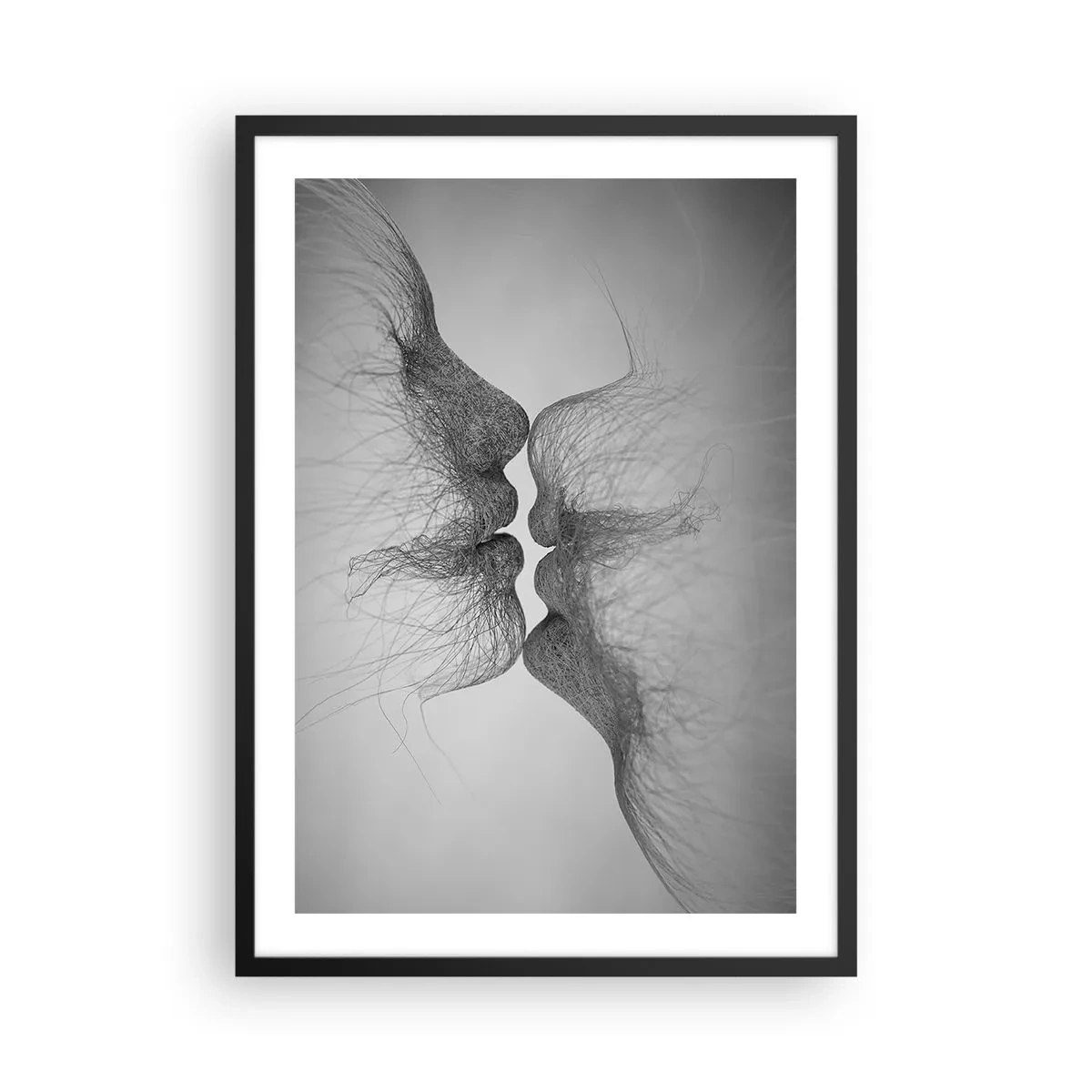 Affiche dans un cadre noir - Poster - Visages abstraits en train de s'embrasser, noir et blanc - 50x70cm - La bise du vent - Décoration murale moderne pour le salon et la chambre ARTTOR