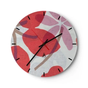 Horloge murale - Pendule murale - Feuilles roses et rouges sur fond blanc avec une texture en lin - 30x30cm - Composition florale dans les roses - Décoration murale moderne pour le salon, la cuisine et la chambre ARTTOR