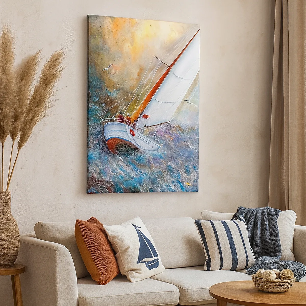 Impression sur toile - Image sur toile - Voiliers sur des vagues agitées dans une composition dynamique - 50x70cm - Concourir sur les vagues - Décoration murale moderne pour le salon et la chambre ARTTOR
