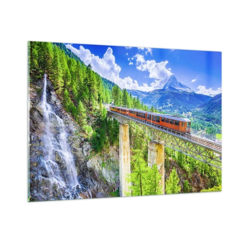 Impression sur verre - Image sur verre - Train alpin sur un pont surplombant une cascade - 100x70cm - Train dans les Alpes - Décoration murale moderne pour le salon et la chambre ARTTOR
