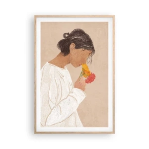 Affiche dans un chêne clair - Poster - Fille et fleurs - 61x91 cm