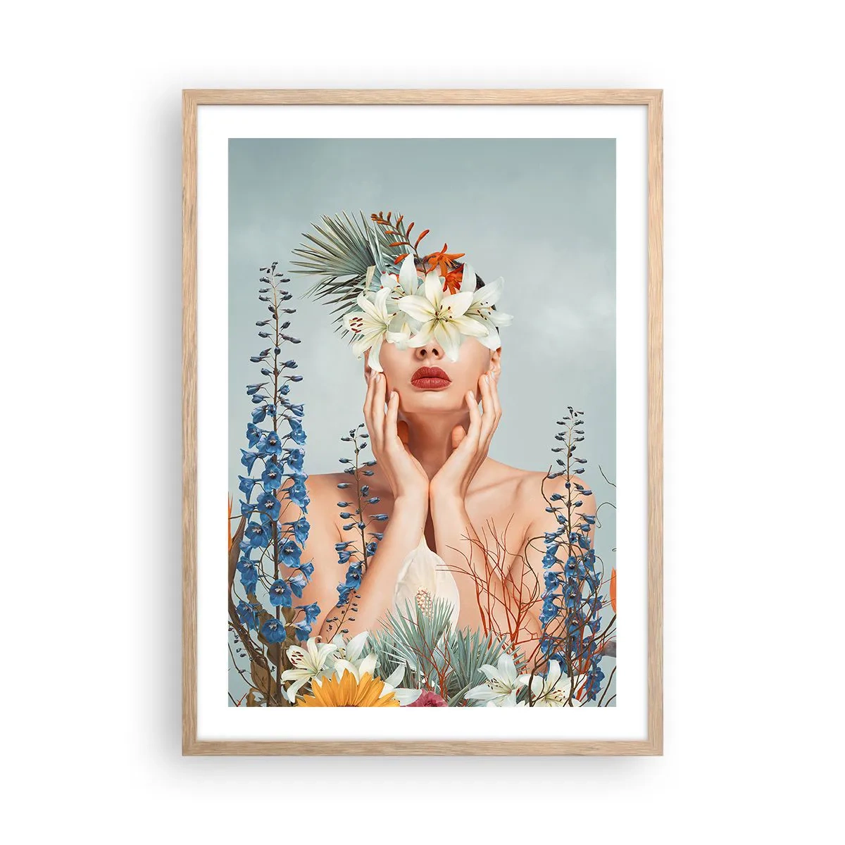 Affiche dans un chêne clair - Poster - Femme - fleur - 50x70 cm