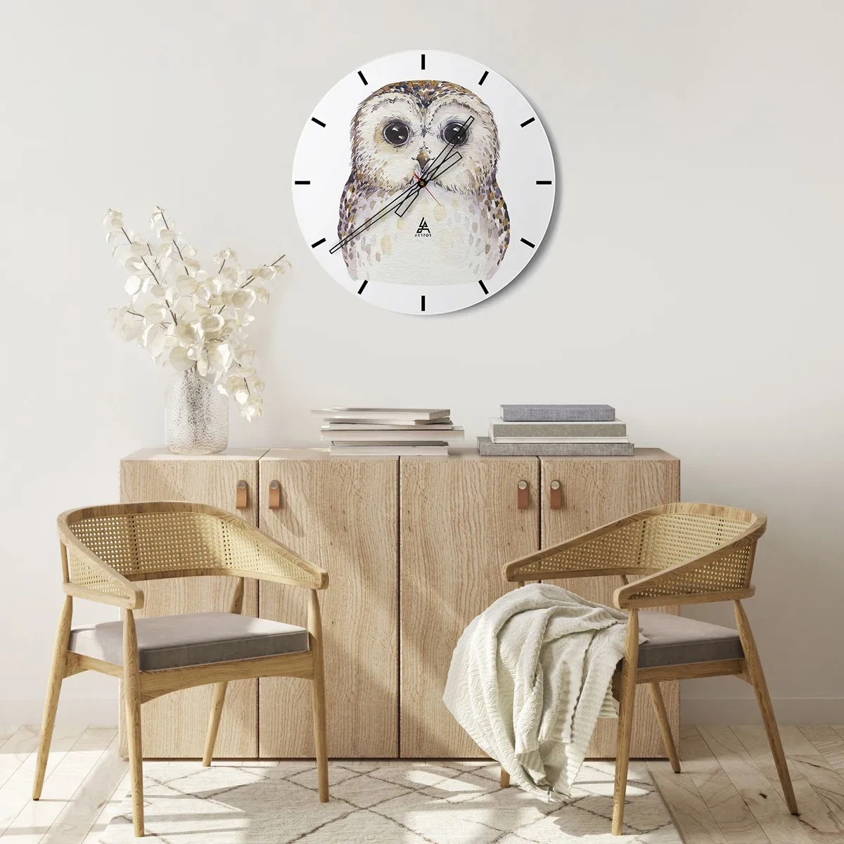 Horloge murale - Pendule murale - Chouette aquarelle avec de grands yeux sur fond blanc - 30x30cm - Regarde-moi dans les yeux - Décoration murale moderne pour le salon, la cuisine et la chambre ARTTOR