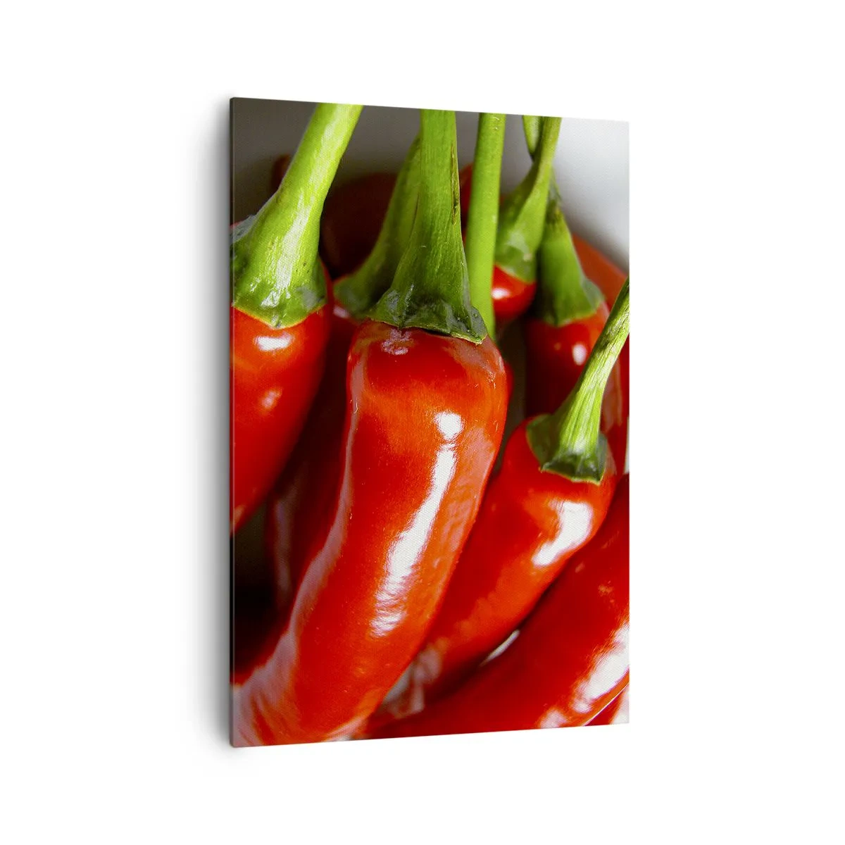 Impression sur toile - Image sur toile - Gros plan de piments rouges avec des tiges vertes - 70x100cm - Juteux, brillant, lisse - Décoration murale moderne pour le salon et la chambre ARTTOR