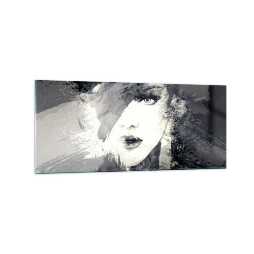 Impression sur verre - Image sur verre - Un portrait abstrait d'une femme dans des tons de gris avec des accents délicats. - 120x50cm - Derrière un voile gris - Décoration murale moderne pour le salon et la chambre ARTTOR