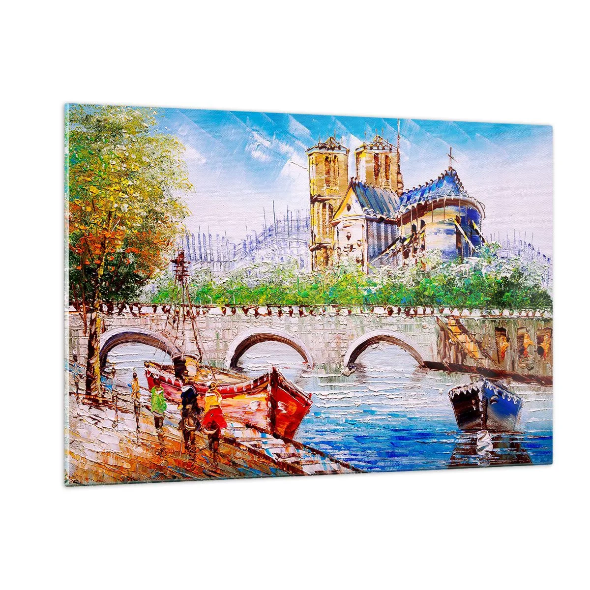Impression sur verre - Image sur verre - Pont et bateaux sur fond de cathédrale historique - 120x80cm - Leur temps ne passe jamais - Décoration murale moderne pour le salon et la chambre ARTTOR