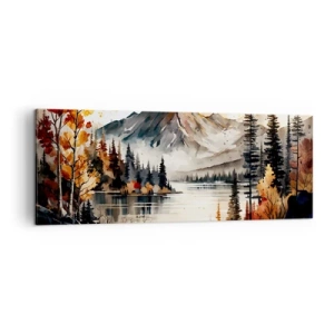 Impression sur toile - Image sur toile - Paysage de montagne d'automne avec un lac et des arbres à l'aquarelle - 140x50cm - Automne doré dans les montagnes - Décoration murale moderne pour le salon et la chambre ARTTOR