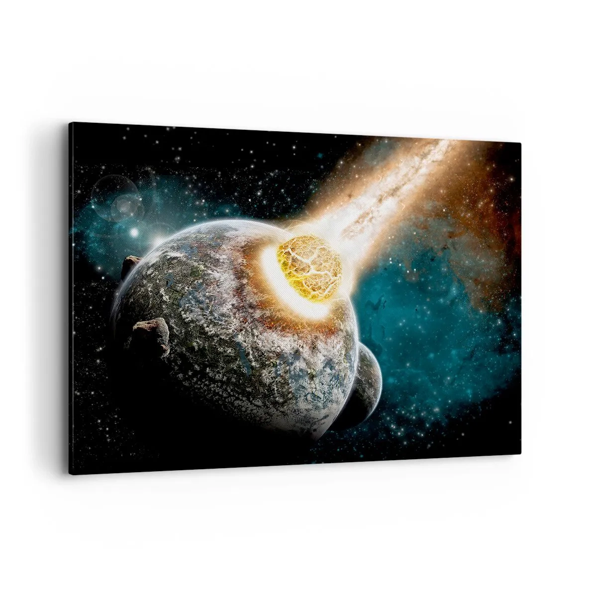 Impression sur toile - Image sur toile - Collision cosmique d'une planète avec un astéroïde à proximité de la galaxie. - 100x70cm - Destruction ou naissance? - Décoration murale moderne pour le salon et la chambre ARTTOR