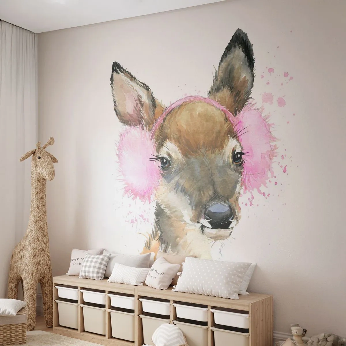 Papier Peint Photo Standard Eco - Illustration à l'aquarelle d'un chevreuil portant des oreillettes roses - 100x70cm - Et le gel n'effraie plus - Décoration murale moderne pour le salon et la chambre ARTTOR