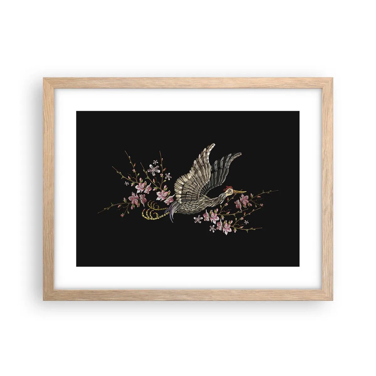 Affiche dans un chêne clair - Poster - Oiseau brodé exotique - 40x30 cm