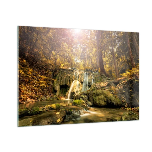 Impression sur verre - Image sur verre - Cascade forestière dans la verdure - 100x70cm - Cascade de forêt en vert - Décoration murale moderne pour le salon et la chambre ARTTOR