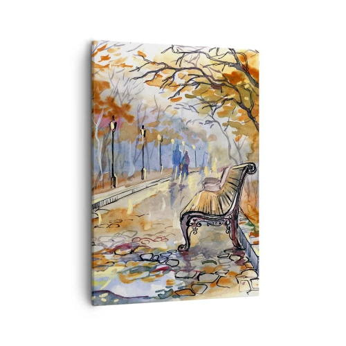 Impression sur toile - Image sur toile - Un parc d'automne avec un banc à l'aquarelle - 50x70cm - Errer ensemble à l'automne - Décoration murale moderne pour le salon et la chambre ARTTOR
