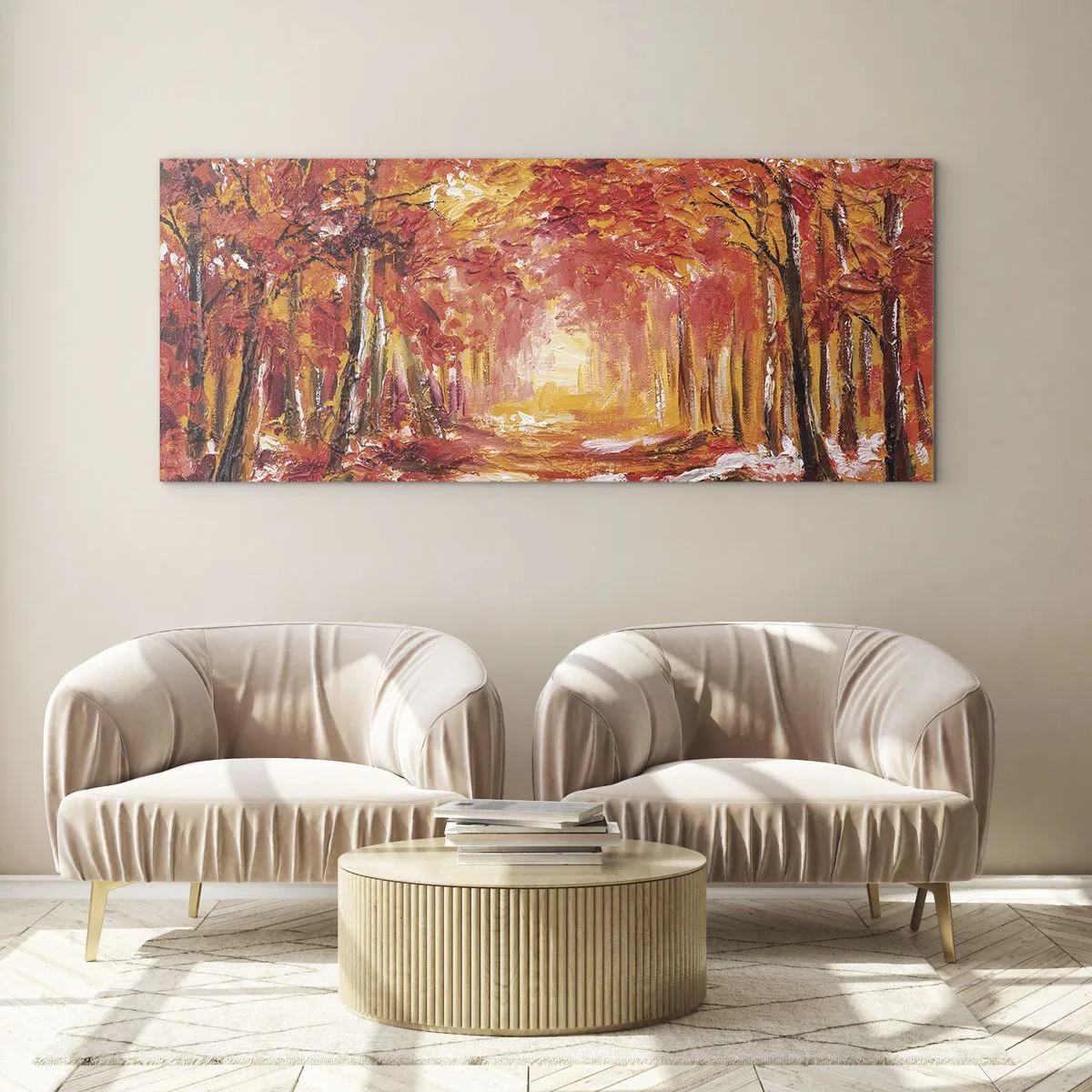 Impression sur verre - Image sur verre - Forêt d'automne aux tons cuivrés et dorés - 160x50cm - Forêt de cuivre - Décoration murale moderne pour le salon et la chambre ARTTOR