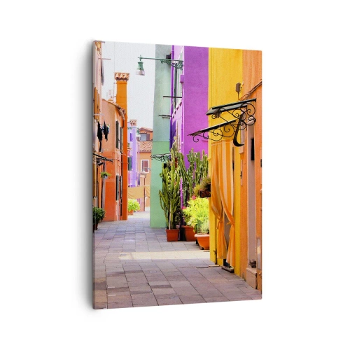Impression sur toile - Image sur toile - Une rue colorée avec des immeubles aux tons clairs - 50x70cm - Allée arc-en-ciel - Décoration murale moderne pour le salon et la chambre ARTTOR