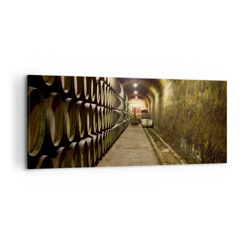 Impression sur toile - Image sur toile - Une cave avec des tonneaux de vin en bois disposés en rangées - 120x50cm - Qu'il est bon de s'allonger - Décoration murale moderne pour le salon et la chambre ARTTOR