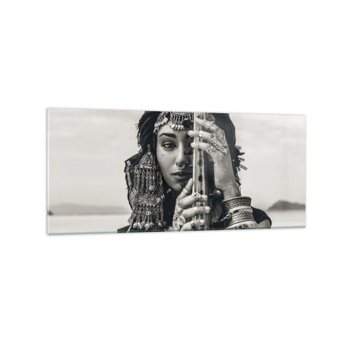 Impression sur verre - Image sur verre - Portrait d'une femme en bijoux ethniques tenant un instrument à la main - 120x50cm - Musique de l'Orient elle-même - Décoration murale moderne pour le salon et la chambre ARTTOR