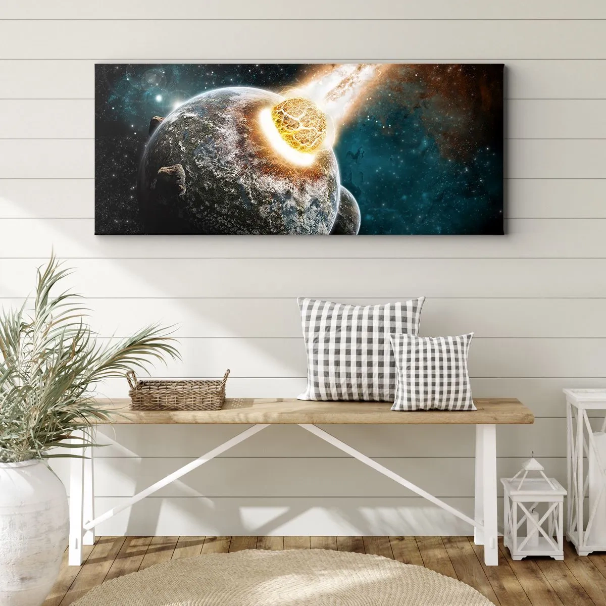 Impression sur toile - Image sur toile - Collision cosmique d'une planète avec un astéroïde à proximité de la galaxie. - 120x50cm - Destruction ou naissance? - Décoration murale moderne pour le salon et la chambre ARTTOR