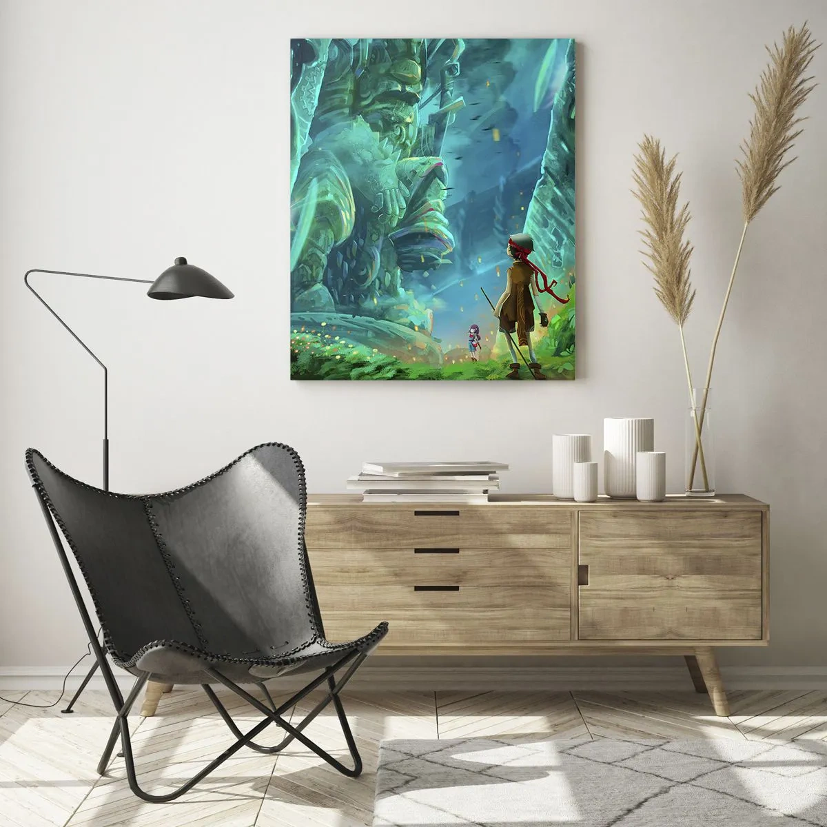 Impression sur verre - Image sur verre - Paysage fantastique avec une figure et une statue antique dans la forêt - 50x70cm - Du grand livre des contes de fées - Décoration murale moderne pour le salon et la chambre ARTTOR
