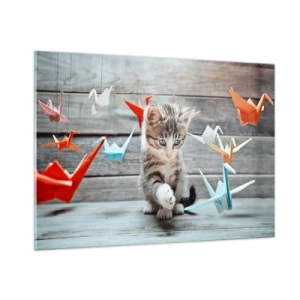 Impression sur verre - Image sur verre - Un chat jouant avec des grues en origami colorées - 100x70cm - Première leçon - Décoration murale moderne pour le salon et la chambre ARTTOR