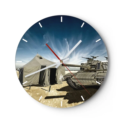 Horloge murale - Pendule murale - Un char et une tente contre un ciel bleu - 30x30cm - Un rêve militaire - Décoration murale moderne pour le salon, la cuisine et la chambre ARTTOR