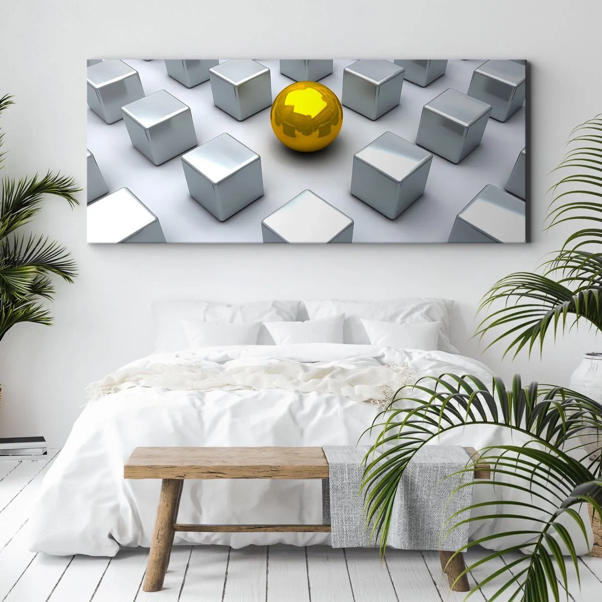 Impression sur toile - Image sur toile - Une sphère dorée se détachant parmi les cubes d'argent - 160x50cm - Pourquoi moi? Composition géométrique - Décoration murale moderne pour le salon et la chambre ARTTOR